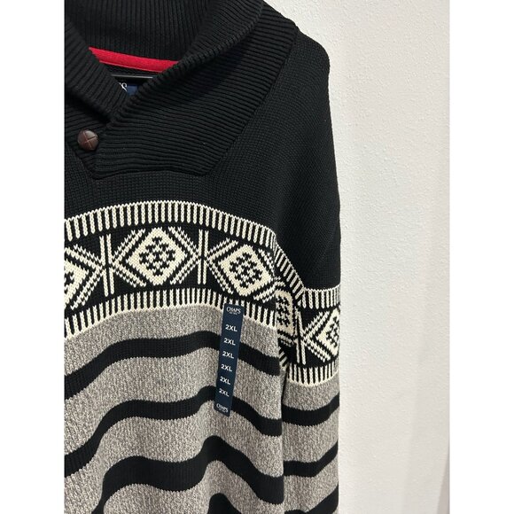 Chaps Mens NE2XL Shawl Collar Knit Sweater Black & Gray Striped Geometric Patter - Picture 4 of 9